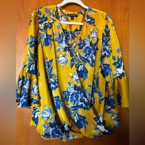 International Concepts Floral Wrap Blouse | Mustard Yellow & Blue Bell Sleeve